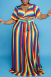 Rainbow Color Sexy Striped Print Bandage Patchwork V Neck Pleated Plus Size Two Pieces
