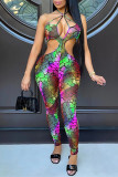 Purple Fashion Sexy Print Hollowed Out Backless Halter Skinny Jumpsuits