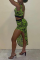 Fluorescent Green Sexy Leopard High Opening U Neck Sleeveless Two Pieces