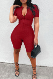 Burgundy Casual Solid Zipper O Neck Skinny Rompers