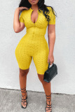 Yellow Casual Solid Zipper O Neck Skinny Rompers