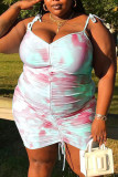 Pink Fashion Sexy Plus Size Tie Dye Printing Spaghetti Strap Sleeveless Dress