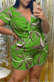 Green Fashion Casual Print Basic V Neck Plus Size Short Sleeve Romper