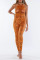 Tangerine Red Fashion Sexy Print Hollowed Out Backless Halter Skinny Jumpsuits