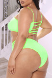 Fluorescent Green Sexy Solid Hollowed Out Backless Spaghetti Strap Plus Size Swimwear