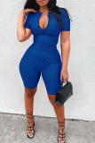 Royal Blue Casual Solid Zipper O Neck Skinny Rompers