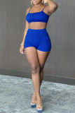 Blue Sexy Casual Solid Backless Spaghetti Strap Sleeveless Two Pieces