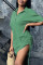 Green Fashion Casual Solid Draw String Turndown Collar Short Sleeve Dress