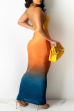 Orange Fashion Sexy Gradual Change Print Backless Spaghetti Strap Sleeveless Dress Dresses