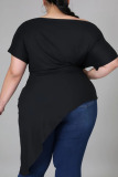 Black Casual Solid Patchwork Fold O Neck Asymmetrical Plus Size Tops