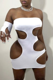 White Fashion Sexy Solid Hollowed Out Fold Strapless Sleeveless Dress