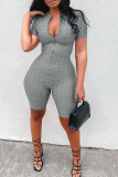 Grey Casual Solid Zipper O Neck Skinny Rompers