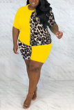 Yellow Fashion Leopard Print T-shirt Shorts Plus Size Set