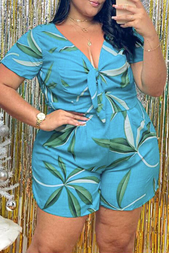 Light Blue Fashion Casual Print Basic V Neck Plus Size Short Sleeve Romper