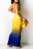Lemon Yellow Fashion Sexy Gradual Change Print Backless Spaghetti Strap Sleeveless Dress Dresses