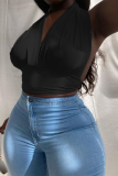 Black Sexy Solid Backless Strap Design Halter Tops