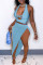 Light Blue Fashion Sexy Solid Asymmetrical V Neck Sleeveless Two Pieces
