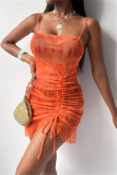 Orange Sexy Print Draw String Backless Spaghetti Strap Sleeveless Dress