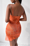 Orange Sexy Print Draw String Backless Spaghetti Strap Sleeveless Dress