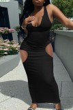 Black Sexy Casual Solid Hollowed Out U Neck Vest Dress
