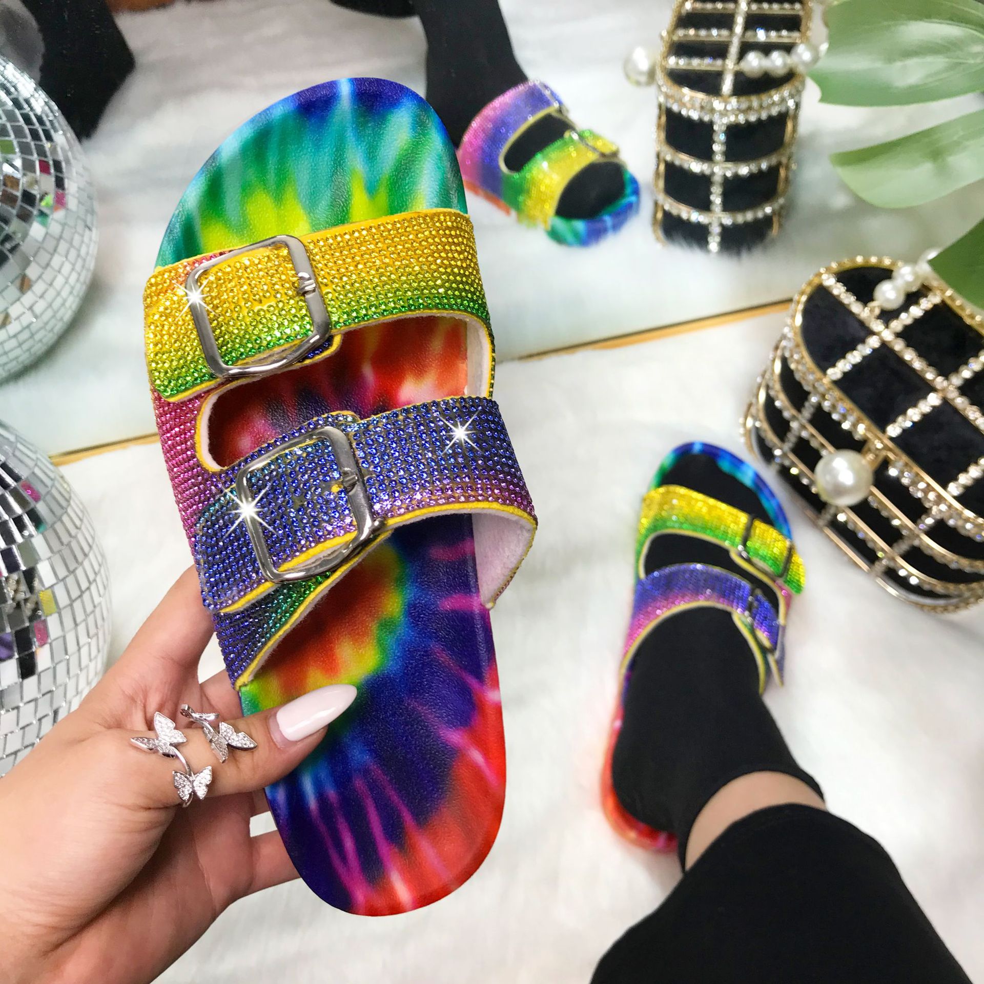 Colour Fashion Casual Split Joint Rhinestone Flats Slippers_SHOES ...