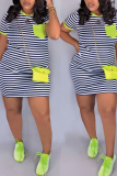 Blue Fashion Casual Striped Plus Size Short Sleeve Dress