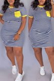 Yellow Fashion Casual Striped Plus Size Short Sleeve Dress