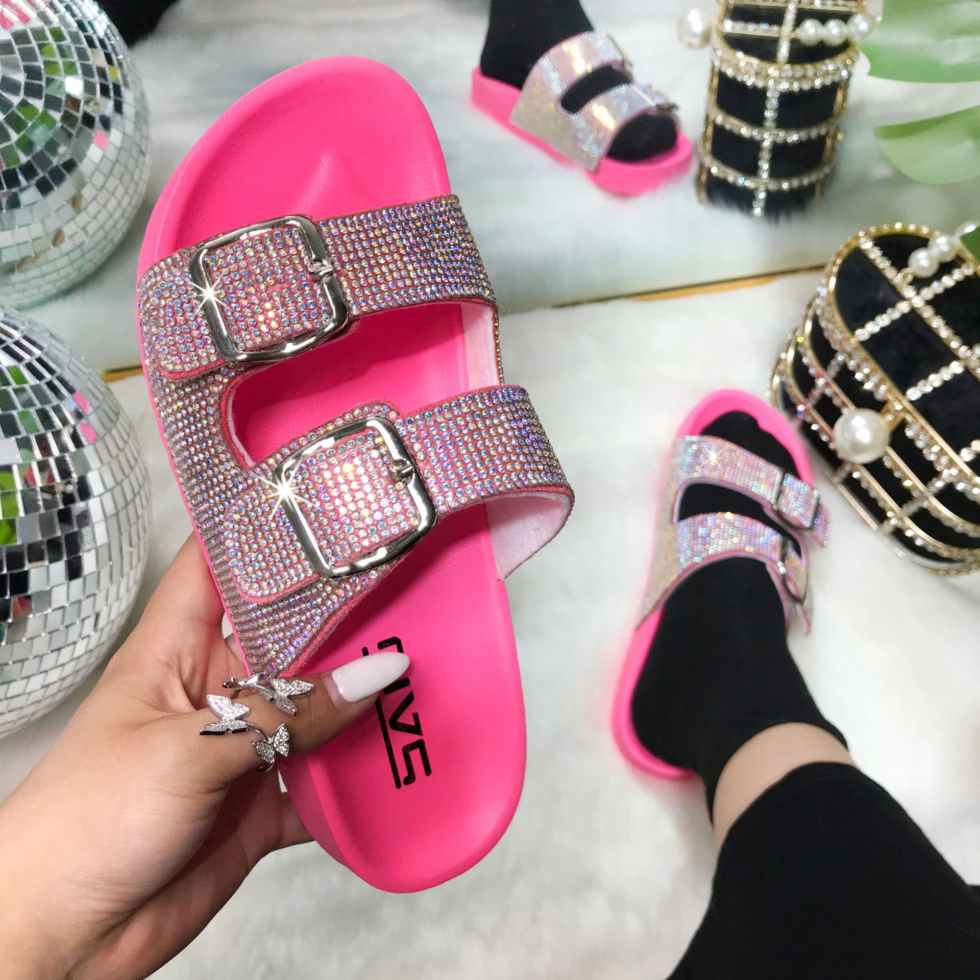 Rose Red Fashion Casual Split Joint Rhinestone Flats Slippers_SHOES ...