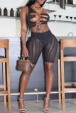 Black Sexy Solid Hollowed Out See-through Backless One Shoulder Sleeveless Two Pieces