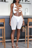 White Sexy Solid Hollowed Out See-through Backless One Shoulder Sleeveless Two Pieces