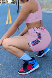 Pink Sportswear Print Patchwork Square Collar Sleeveless Two Pieces