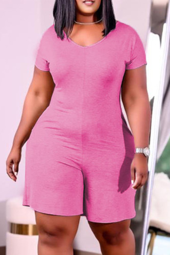 Pink Fashion Casual Solid Basic V Neck Regular Romper