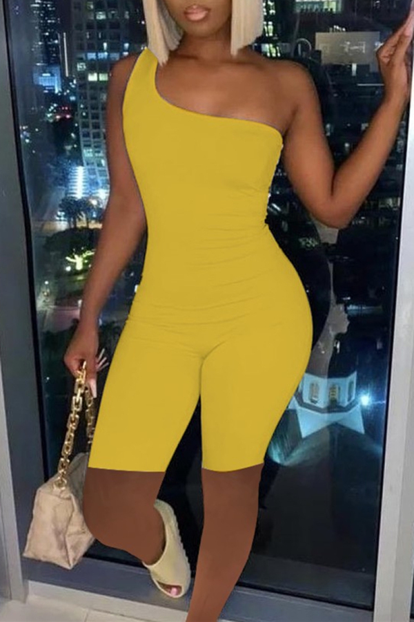 Yellow Sexy Casual Solid Backless One Shoulder Skinny Romper