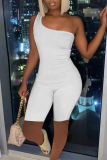White Sexy Casual Solid Backless One Shoulder Skinny Romper