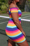 Colour Fashion Plus Size Striped Print Backless Off the Shoulder Short Sleeve Dress