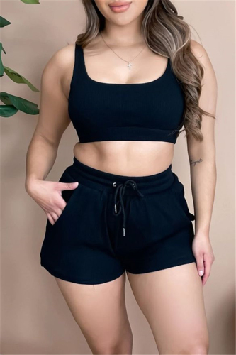 Black Casual Sportswear Solid Vests U Neck Sleeveless Two Pieces