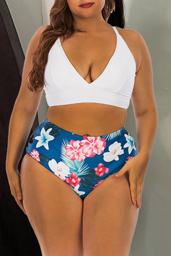 Deep Blue Sexy Print Bandage Patchwork V Neck Plus Size Swimwear