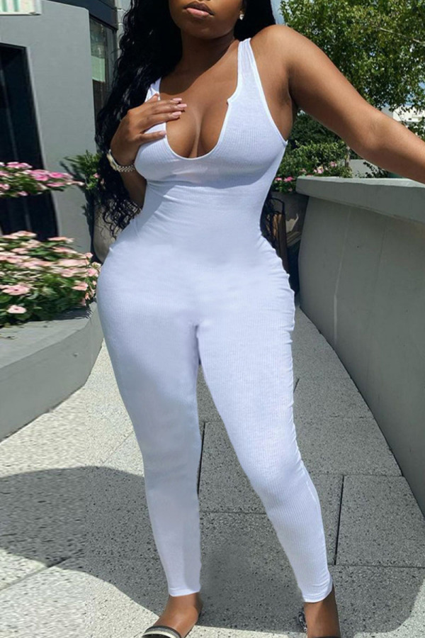 White Sexy Solid Patchwork V Neck Skinny Jumpsuits