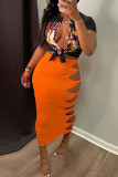 Orange Fashion Casual Solid Hollowed Out Regular High Waist Skirt