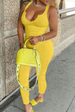 Yellow Sexy Solid Patchwork V Neck Skinny Jumpsuits