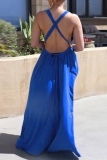 Blue Fashion Sexy Solid Backless V Neck Vest Dress