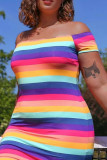 Colour Fashion Plus Size Striped Print Backless Off the Shoulder Short Sleeve Dress