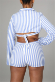 Black Fashion Casual Striped Print Split Joint Turndown Collar Long Sleeve Two Pieces