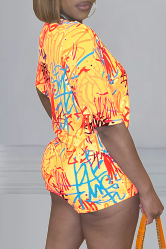Yellow Casual Print Patchwork V Neck Short Sleeve Two Pieces