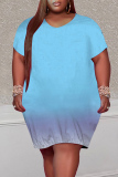 Light Blue Fashion Casual Plus Size Gradual Change Print Basic V Neck Short Sleeve Dress
