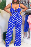 Blue Fashion Sexy Polka Dot Hollowed Out Split Joint Spaghetti Strap Regular Jumpsuits