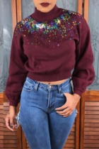 Wine Red Casual Patchwork Knitting Hoodies