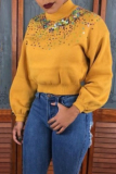Yellow Casual Patchwork Knitting Hoodies