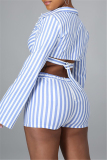 Blue Fashion Casual Striped Print Split Joint Turndown Collar Long Sleeve Two Pieces