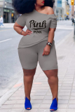 Grey Fashion Casual Letter Print Basic O Neck Plus Size Two Pieces